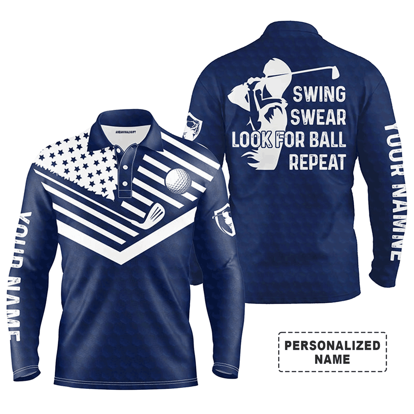 Custom Golf Long Sleeve Men Polo Shirt -  Custom Name American Flag Apparel - Swing Swear Look For Ball Repeat Men Golf Polo Shirt
