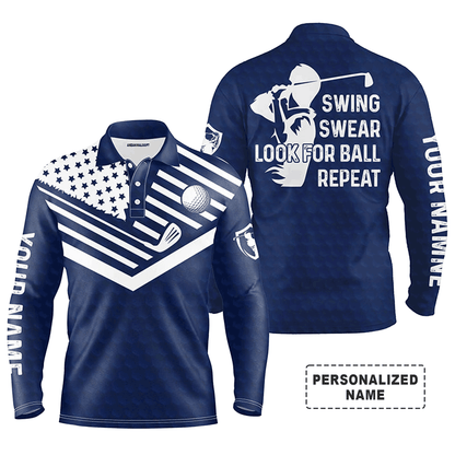 Custom Golf Long Sleeve Men Polo Shirt -  Custom Name American Flag Apparel - Swing Swear Look For Ball Repeat Men Golf Polo Shirt