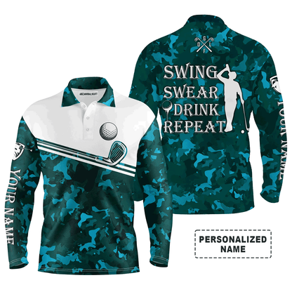 Golf Men Polo Shirt - Swing Swear Drink Repeat Custom Name Camo Pattern Apparel - Personalized Gift For Golf Lover, Team, Husband, Boyfriend, Men