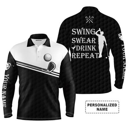 Golf Men Polo Shirt, Custom Name Multicolor Swing Swear Drink Repeat Apparel - Personalized Sports Gifts For Men, Husband, Boyfriend, Golf Lover