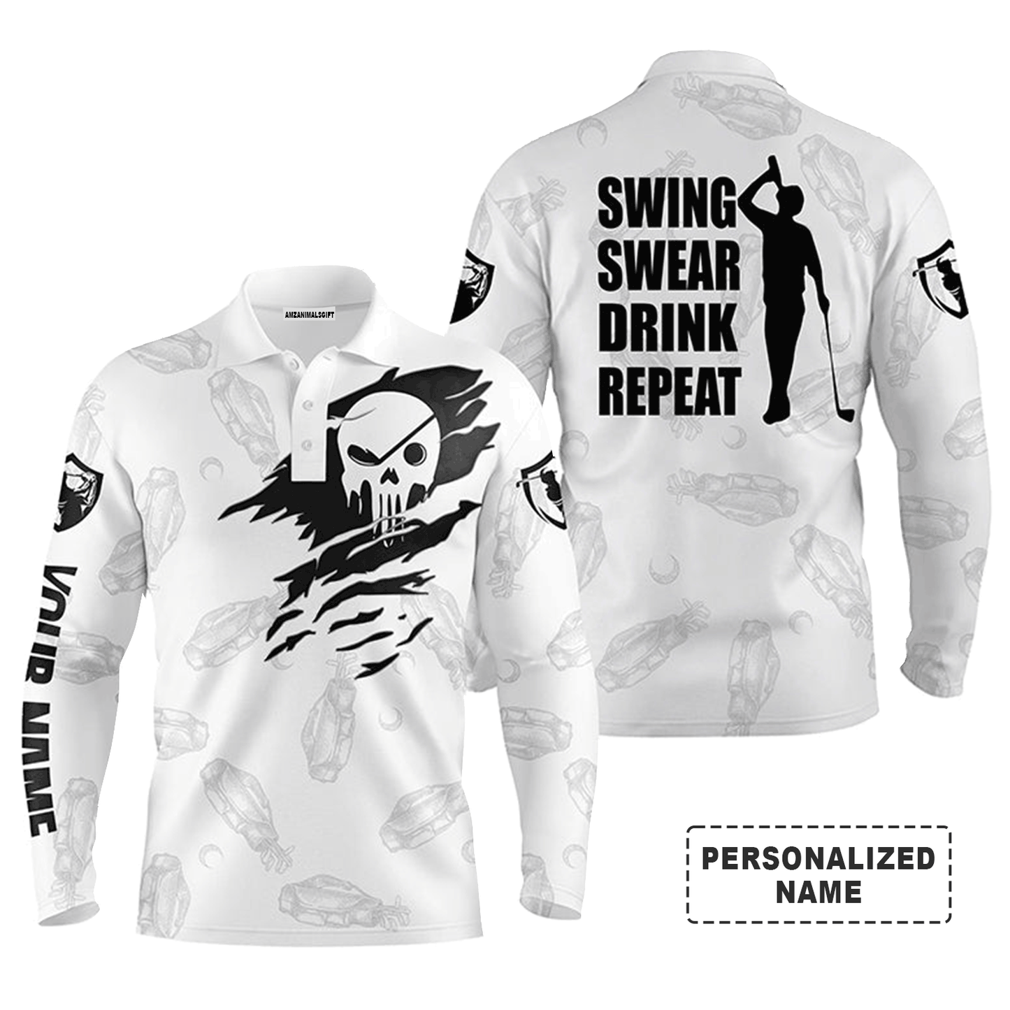 Custom Golf Long Sleeve Men Polo Shirt - Custom Name Multicolor Golf Clubs Pattern - Swing Swear Drink Repeat Men Polo Shirt For Golf Lover