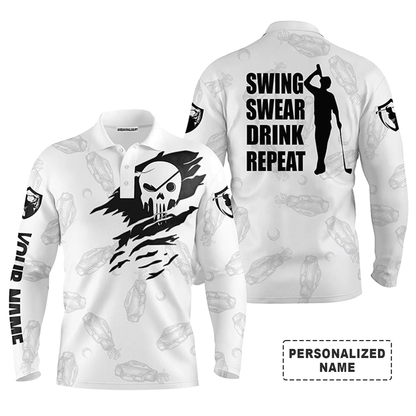 Custom Golf Long Sleeve Men Polo Shirt - Custom Name Multicolor Golf Clubs Pattern - Swing Swear Drink Repeat Men Polo Shirt For Golf Lover