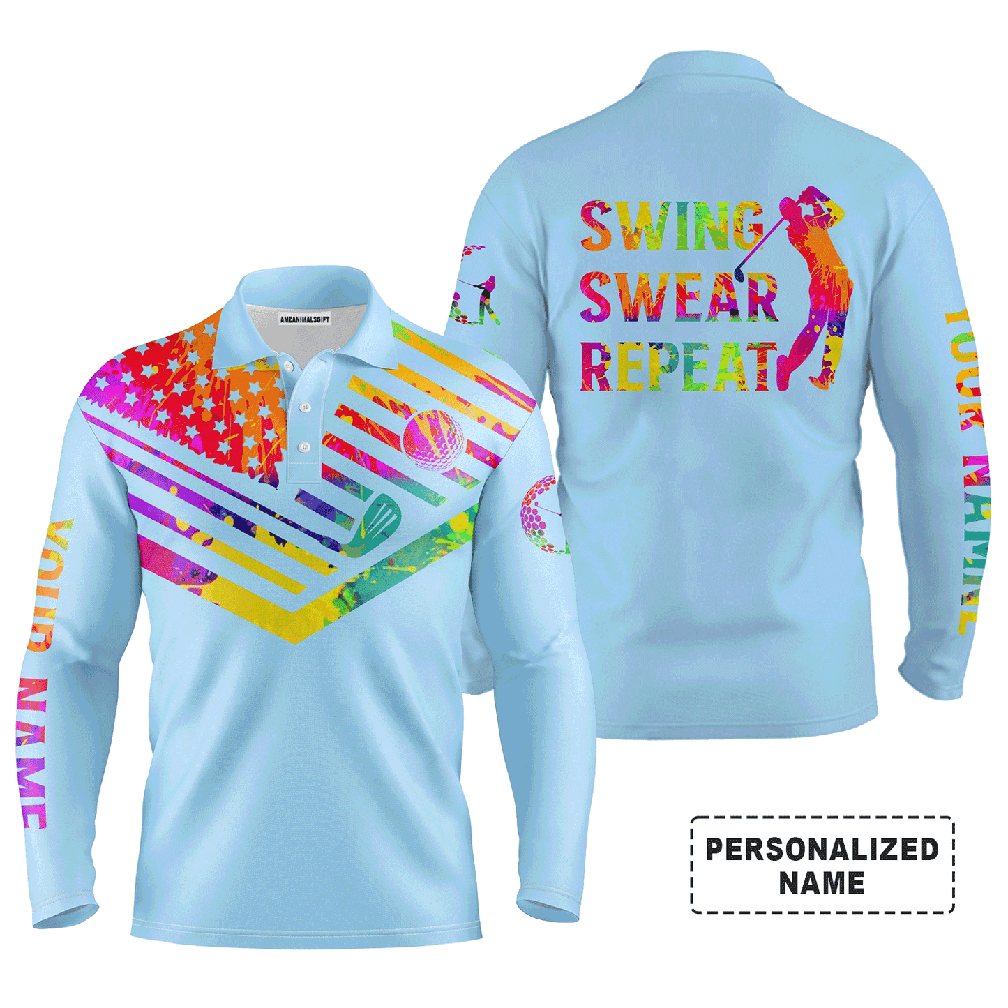 Custom Golf Long Sleeve Men Polo Shirt- Custom Name Watercolor American Flag Multicolor Apparel,Swing Swear Repeat Men Golf Polo Shirt  For Golf Lover