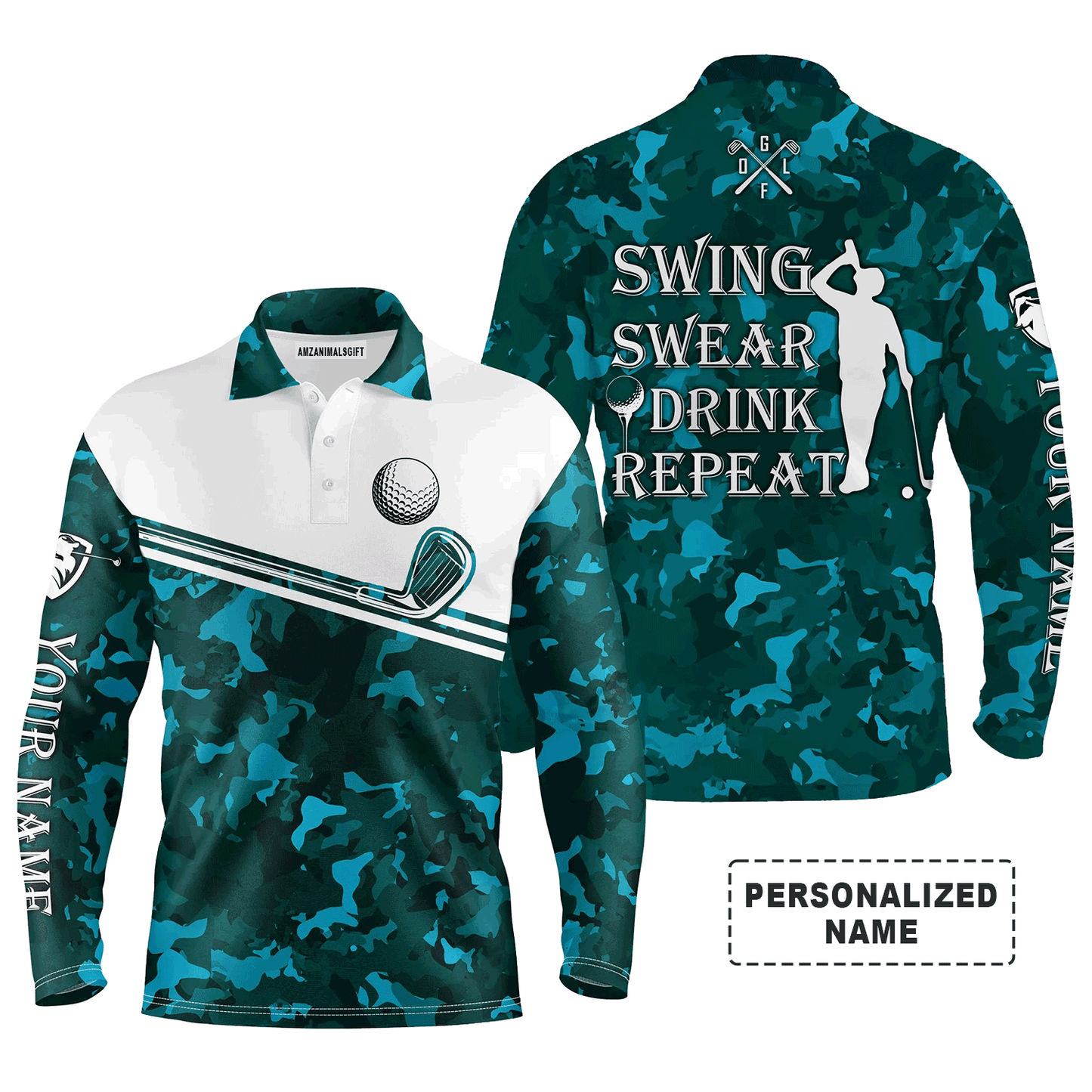 Custom Golf Long Sleeve Men Polo Shirt - Swing Swear Drink Repeat Custom Name Camo Pattern Apparel - Personalized Gift For Men, Golf Lover