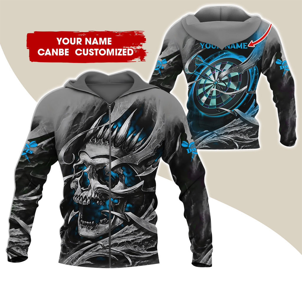 Customized Name Skull Darts Premium Zip Hoodie, Personalized Name Dartboard Zip Hoodie For Men & Women - Gift For Darts Lovers, Darts Players