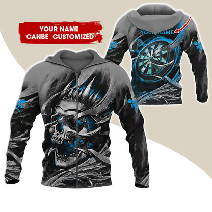 Customized Name Skull Darts Premium Zip Hoodie, Personalized Name Dartboard Zip Hoodie For Men & Women - Gift For Darts Lovers, Darts Players