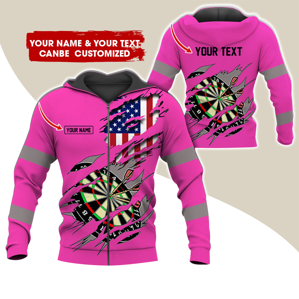 Customized Name & Text American Flag Darts Premium Zip Hoodie, Personalized Dartboard Zip Hoodie For Men & Women - Gift For Darts Lovers, Darts Players