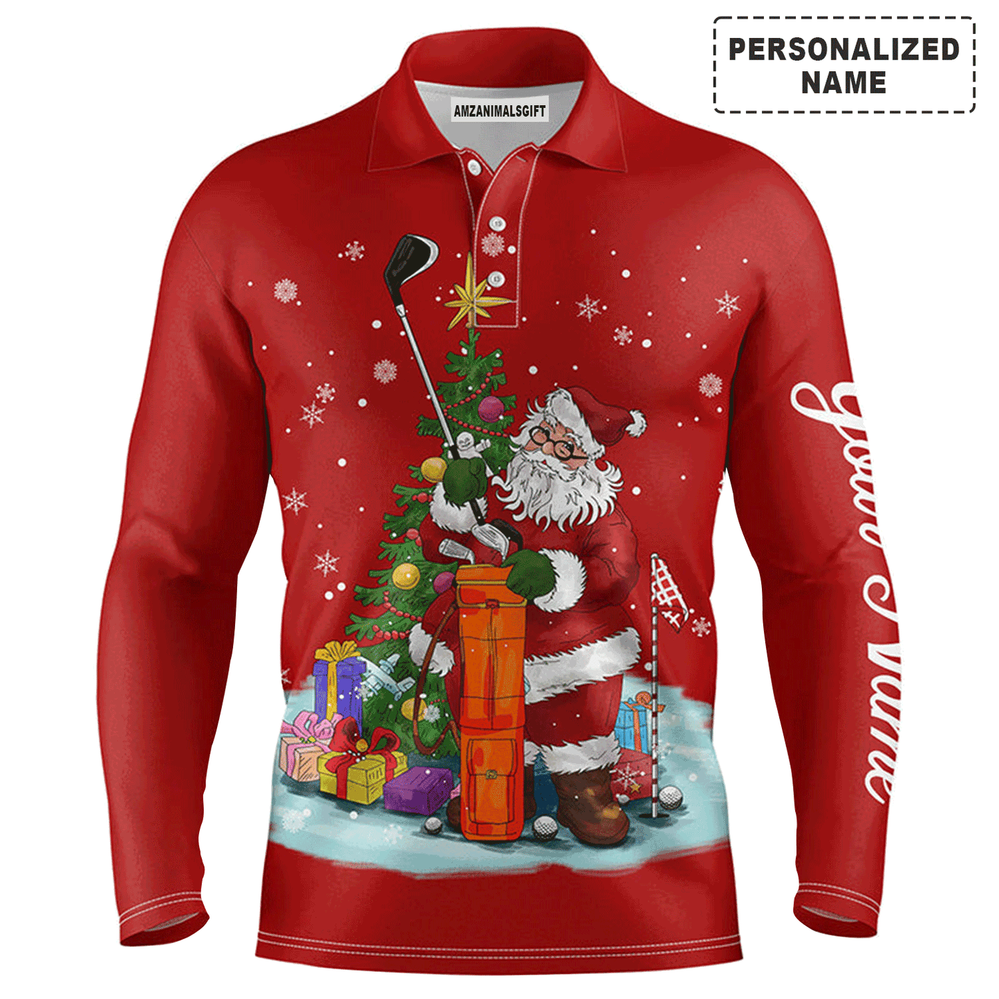 Custom Golf Long Sleeve Men Polo Shirt - Santa Golfer Christmas Custom Name Apparel - Personalized Gift For Golf Lover, Team, Husband, Men