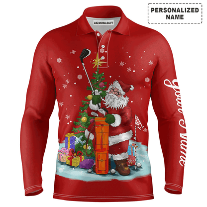 Custom Golf Long Sleeve Men Polo Shirt - Santa Golfer Christmas Custom Name Apparel - Personalized Gift For Golf Lover, Team, Husband, Men
