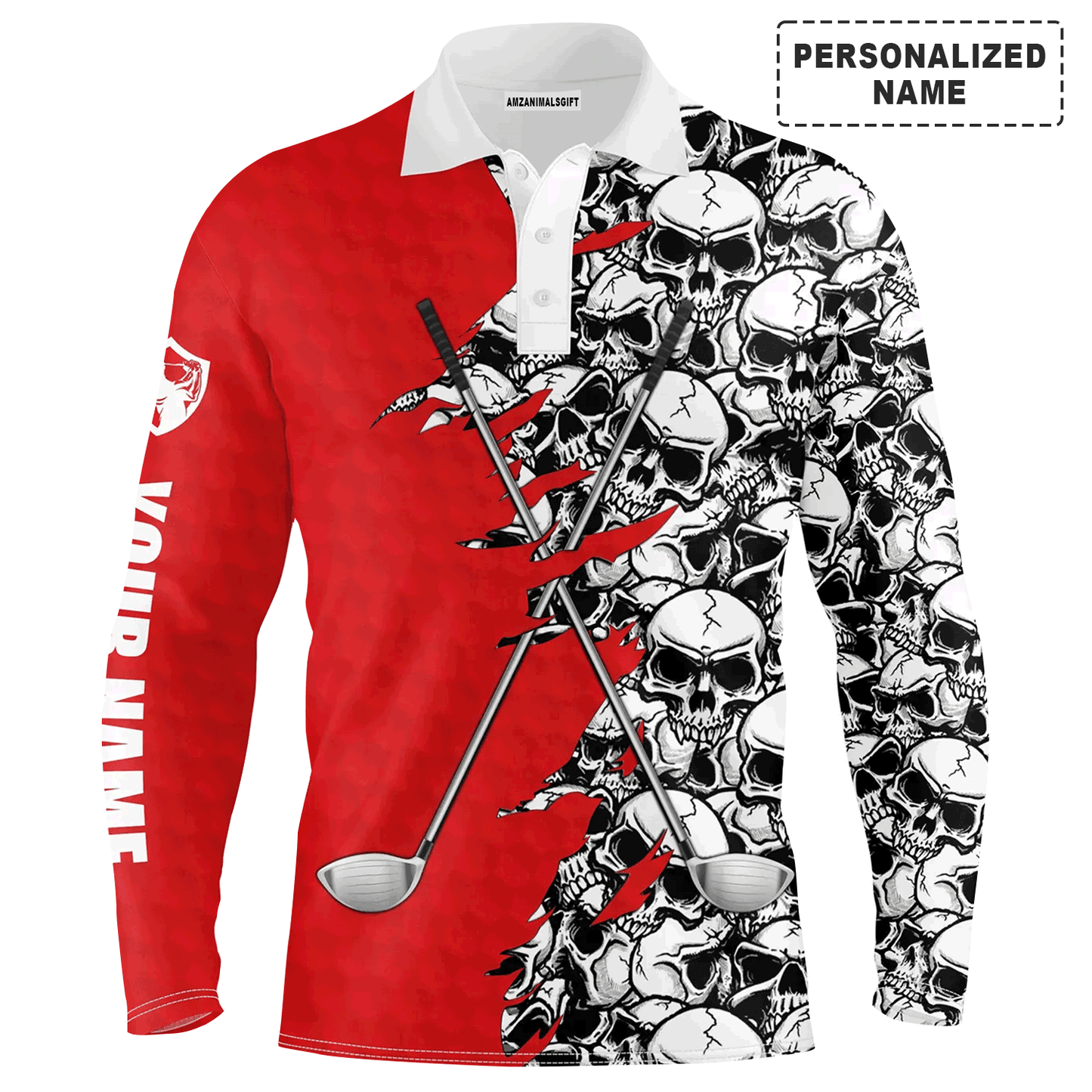 Custom Golf Long Sleeve Men Polo Shirt, Pattern Skull Golf Clubs Performance Custom Name Apparel - Perfect Gift For Men, Golf Lovers