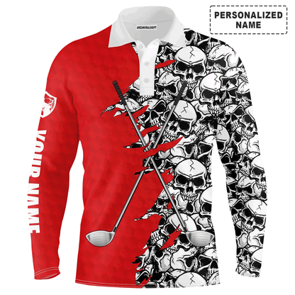 Custom Golf Long Sleeve Men Polo Shirt, Pattern Skull Golf Clubs Performance Custom Name Apparel - Perfect Gift For Men, Golf Lovers