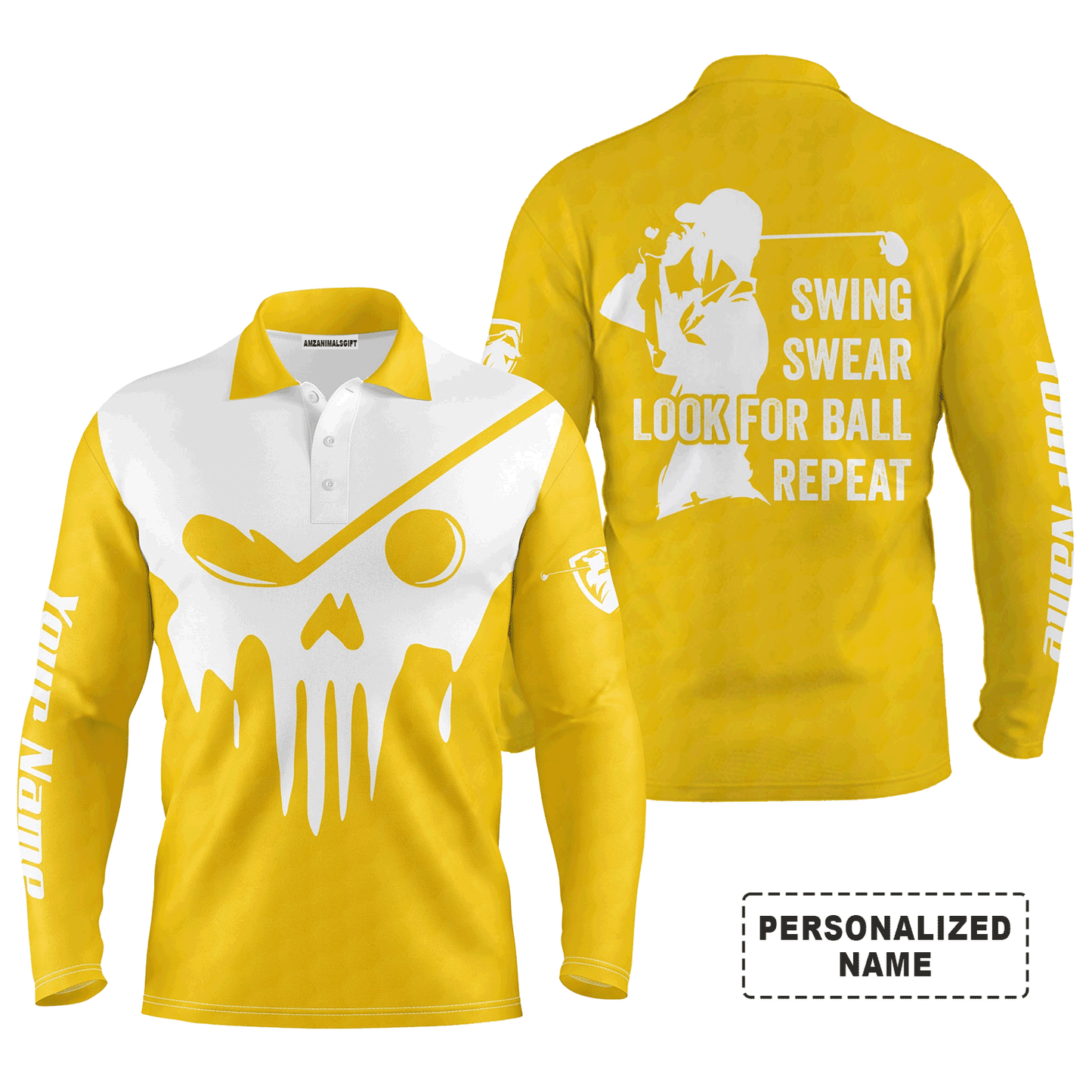 Custom Golf Long Sleeve Men Polo Shirt- Custom Name Multicolor Golf Skull - Swing Swear Look For Ball Repeat Men Polo Shirt For Golf Lover