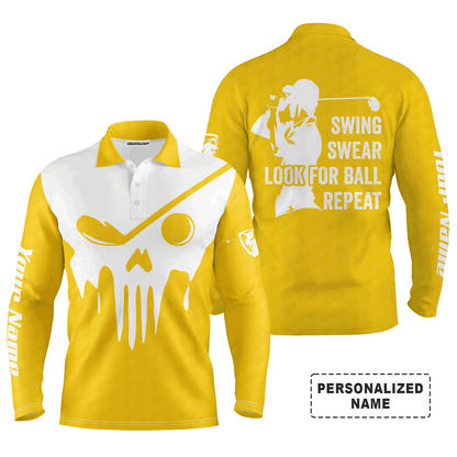 Custom Golf Long Sleeve Men Polo Shirt- Custom Name Multicolor Golf Skull - Swing Swear Look For Ball Repeat Men Polo Shirt For Golf Lover