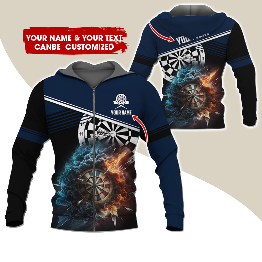 Personalized Name & Text Darts Premium Zip Hoodie, Customized Name Cloudy Fire Darts Zip Hoodie For Men & Women - Gift For Darts Lovers, Darts Players