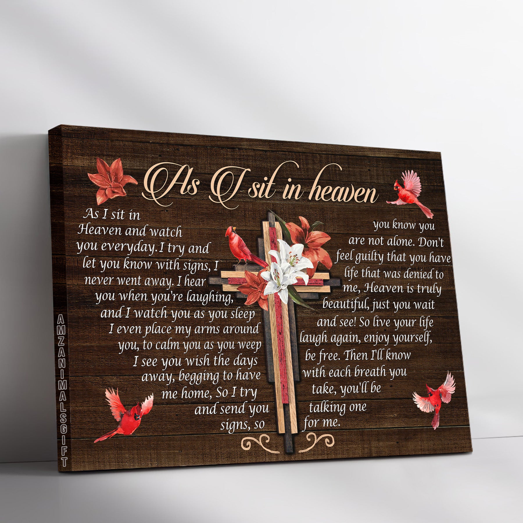 Memorial Premium Wrapped Landscape Canvas - Big Cross, Lily Flower Painting, Red Cardinal, As I Sit In Heaven - Perfect Gift For Members Family