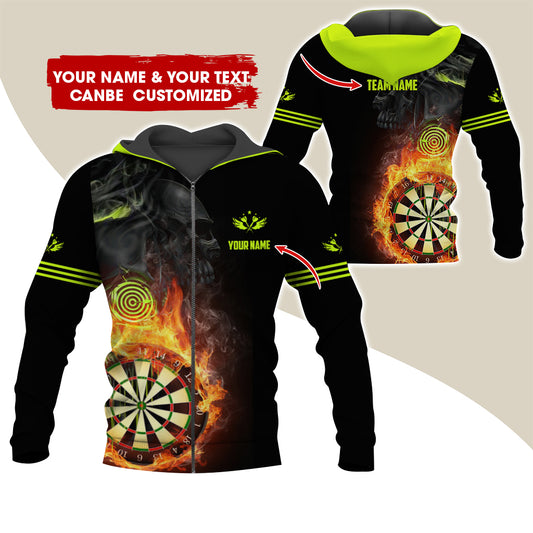 Customized Darts Premium Zip Hoodie, Personalized Name & Team Dartboard In Flame Team Zip Hoodie For Men & Women - Gift For Darts Lovers, Darts Players