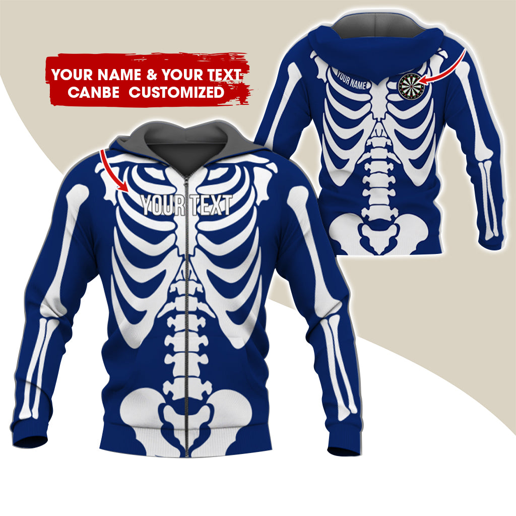 Customized Name & Text Skeleton Darts Premium Zip Hoodie, Personalized Name Darts Zip Hoodie For Men & Women - Gift For Darts Lovers, Darts Players