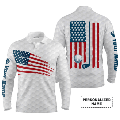 Custom Golf Long Sleeve Men Polo Shirt, Custom Name Multicolor American Flag Patriotic Apparel - Perfect Gifts For Men, Golf Lover