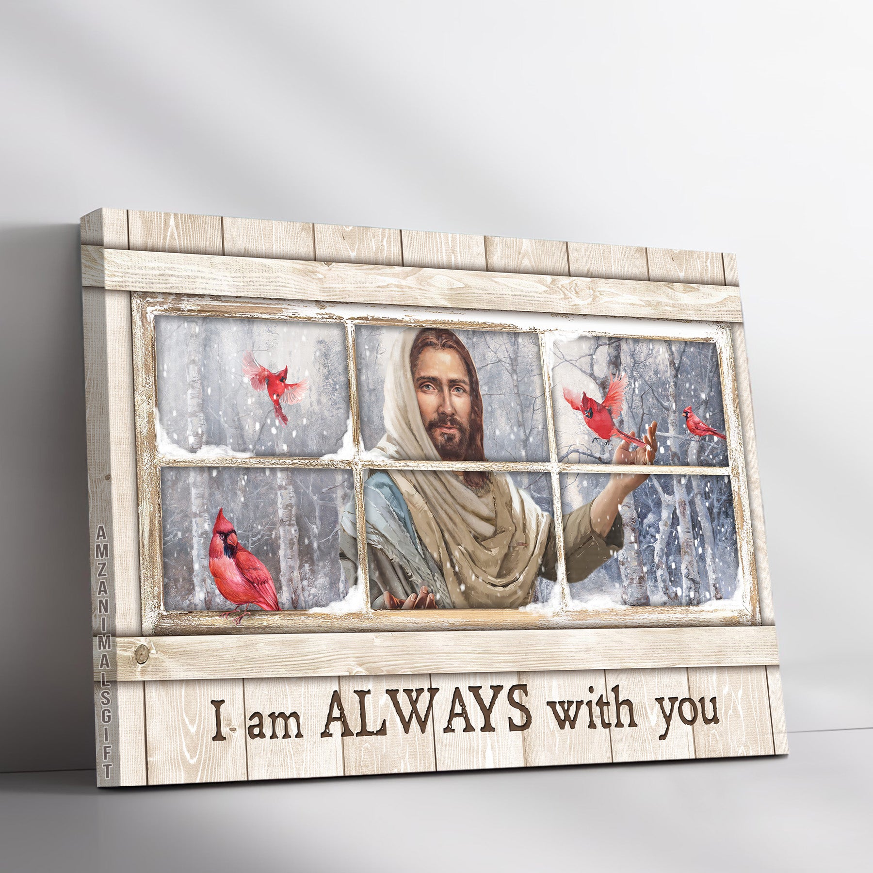 Memorial Premium Wrapped Landscape Canvas - Red Cardinal, Jesus Christ, Wooden Window Frame, I Am Always With You - Heaven Gift For Members Family