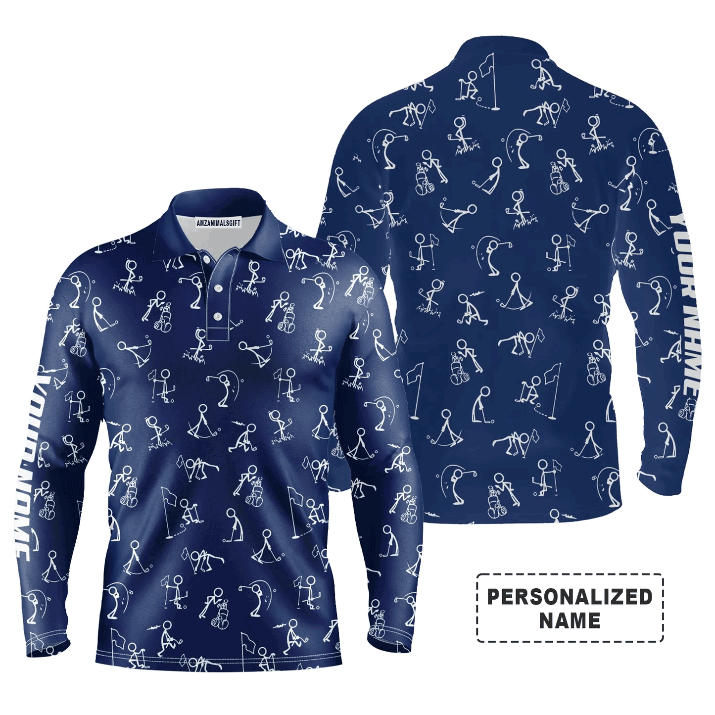 Custom Golf Long Sleeve Men Polo Shirt- Funny Golf Pattern Custom Name Multicolor Apparel - Personalized Gift For Men, Golf Lover, Team, Husband