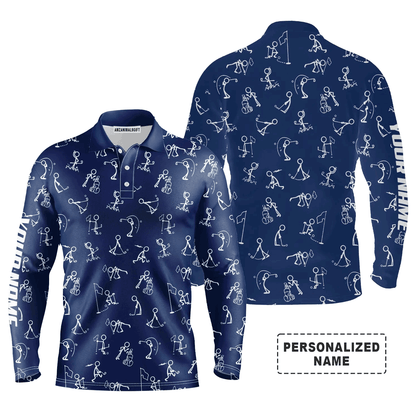 Custom Golf Long Sleeve Men Polo Shirt- Funny Golf Pattern Custom Name Multicolor Apparel - Personalized Gift For Men, Golf Lover, Team, Husband