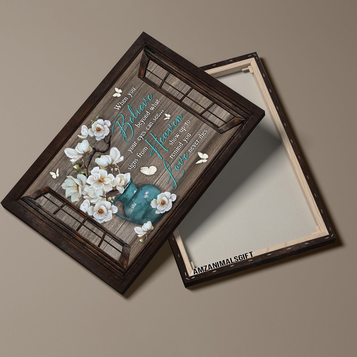 Memorial Premium Wrapped Landscape Canvas - White Flower, White Butterfly, Window Frame, Love Never Dies - Heaven Gift For Members Family