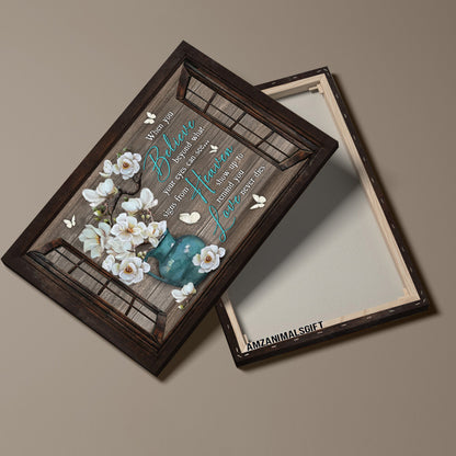 Memorial Premium Wrapped Landscape Canvas - White Flower, White Butterfly, Window Frame, Love Never Dies - Heaven Gift For Members Family