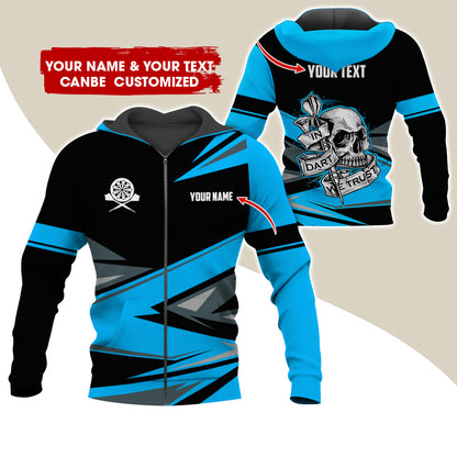 Personalized Name & Text Darts Premium Zip Hoodie, Customized Name Skull In Darts Zip Hoodie For Men & Women - Gift For Darts Lovers, Darts Players