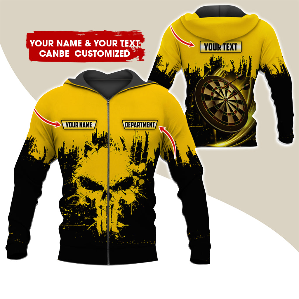 Personalized Name & Text Darts Premium Zip Hoodie, Customized Skull Dartboard Team Zip Hoodie For Men & Women - Gift For Darts Lovers, Darts Players
