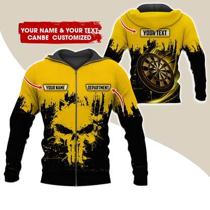 Personalized Name & Text Darts Premium Zip Hoodie, Customized Skull Dartboard Team Zip Hoodie For Men & Women - Gift For Darts Lovers, Darts Players