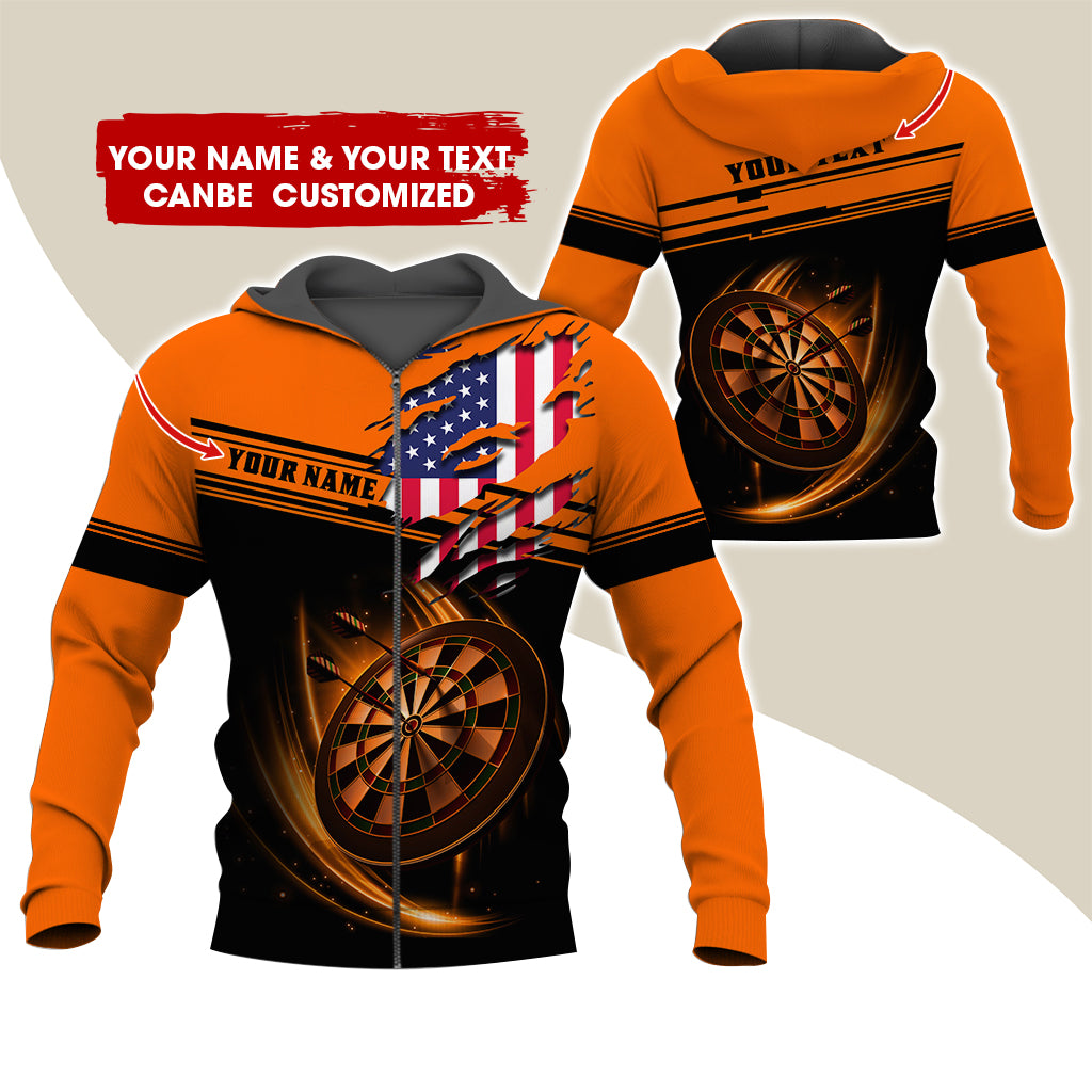 Custom Name & Text Darts Premium Zip Hoodie, Customized Name American Flag Darts Zip Hoodie For Men & Women - Gift For Darts Lovers, Darts Players
