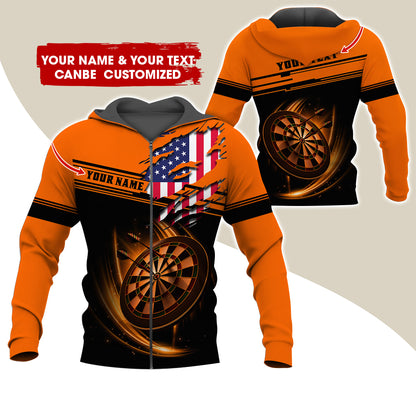 Custom Name & Text Darts Premium Zip Hoodie, Customized Name American Flag Darts Zip Hoodie For Men & Women - Gift For Darts Lovers, Darts Players