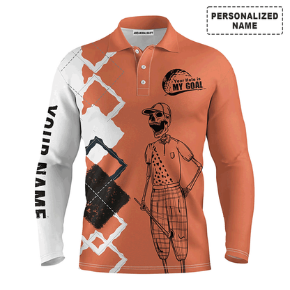 Custom Golf Long Sleeve Men Polo Shirt - Custom Name Skull Apparel - Your Hole Is My Goal Men Polo Shirt - Perfect Polo Shirt For Men, Golfers