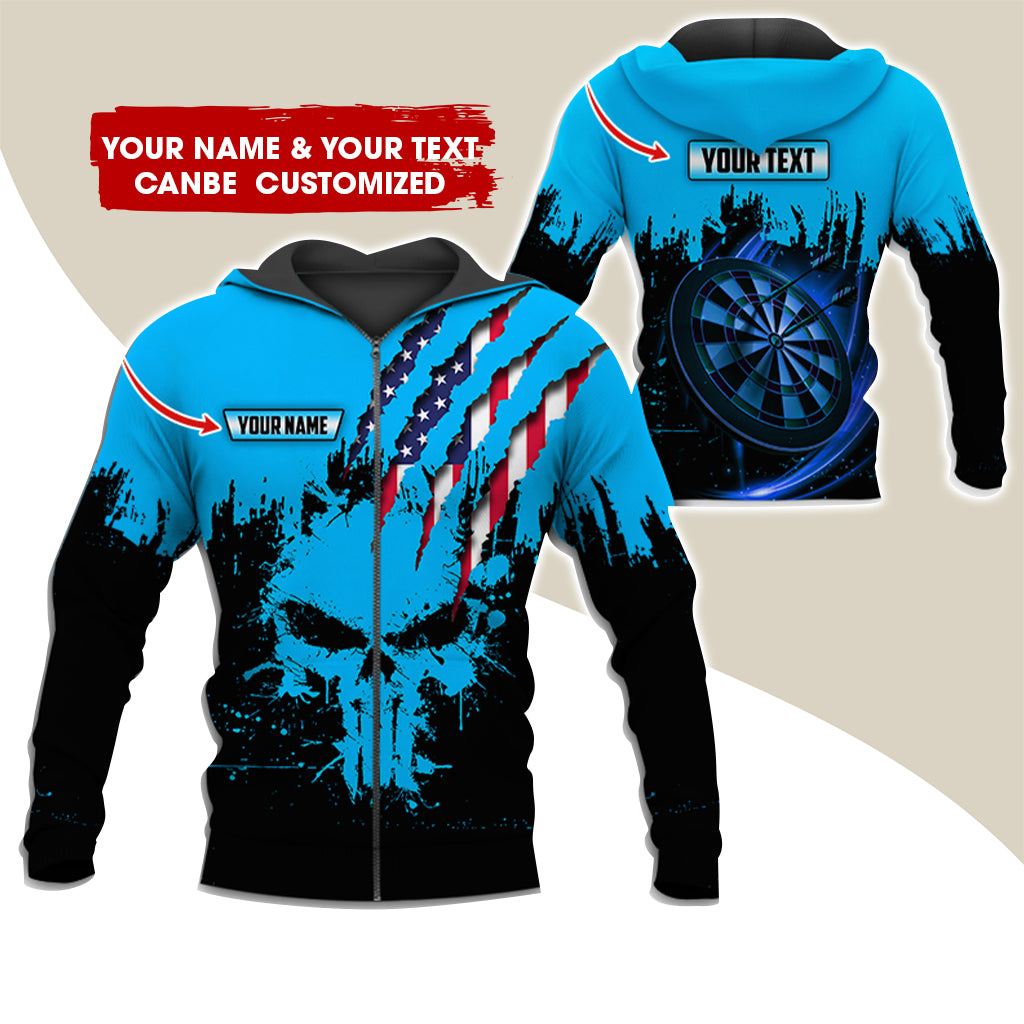 Customized Name & Text Skull Darts Premium Zip Hoodie, Personalized American Flag Zip Hoodie For Men & Women - Gift For Darts Lovers, Darts Players