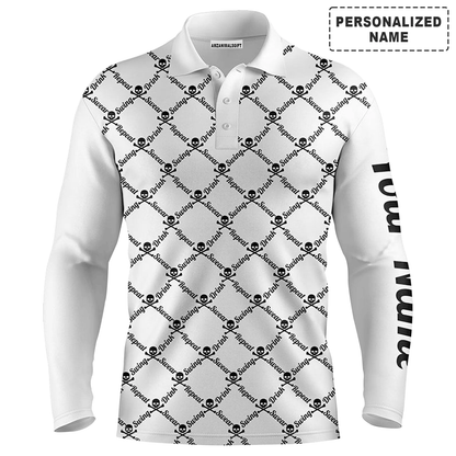 Custom Golf Long Sleeve Men Polo Shirt -Swing Swear Drink Repeat Skull Pattern Apparel-Personalized Gift For Golf Lover, Team, Husband, Boyfriend, Men