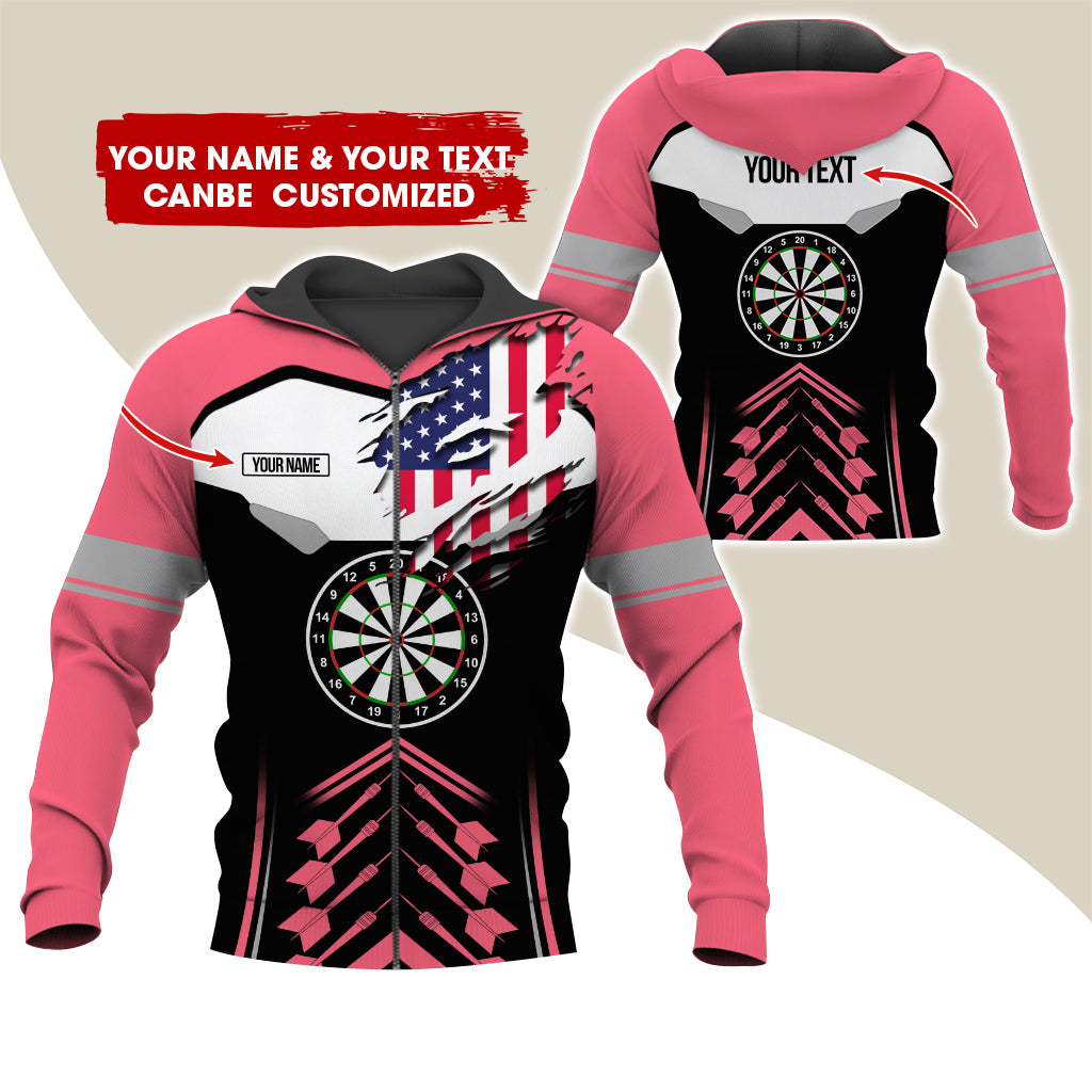 Customized Name American Flag Darts Premium Zip Hoodie, Personalized Black Pattern Zip Hoodie For Men & Women - Gift For Darts Lovers, Darts Players