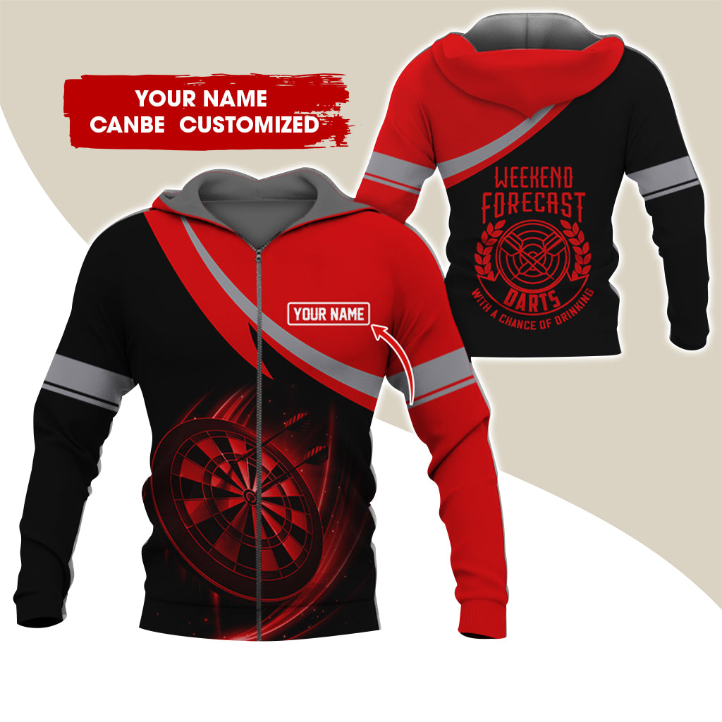 Personalized Name Darts Premium Zip Hoodie, Custom Name Weekend Forecast Darts Zip Hoodie For Men & Women - Gift For Darts Lovers, Darts Players
