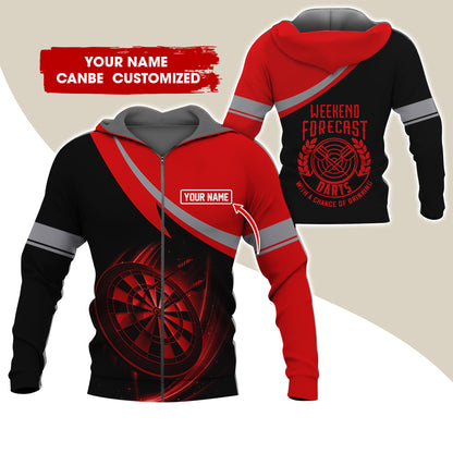Personalized Name Darts Premium Zip Hoodie, Custom Name Weekend Forecast Darts Zip Hoodie For Men & Women - Gift For Darts Lovers, Darts Players