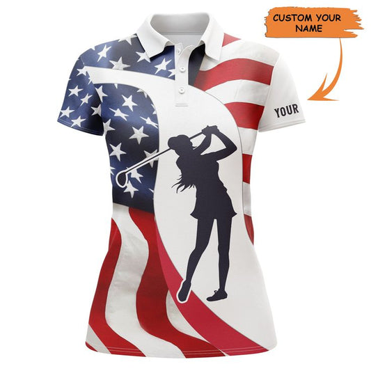 4th July Golf Custom Name Women Polo Shirt, American Flag Patriotic 4th of July Personalized Women Polo Shirt, Perfect Gift For Golfers, Golf Lovers