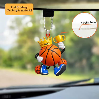 Personalized Basketball Christmas Ornament, Crowned Mascot Holding Trophy, Custom Ornament Christmas Gift, Keychain Basketball, Car Ornament Basketball
