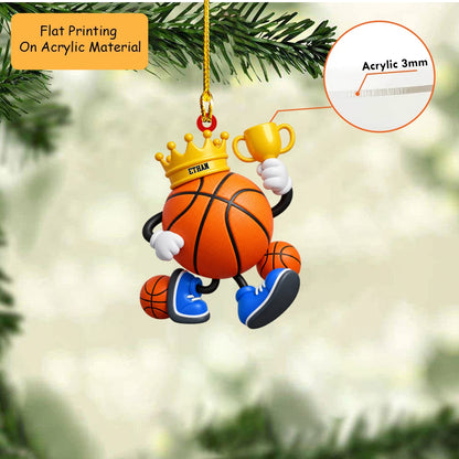 Personalized Basketball Christmas Ornament, Crowned Mascot Holding Trophy, Custom Ornament Christmas Gift, Keychain Basketball, Car Ornament Basketball