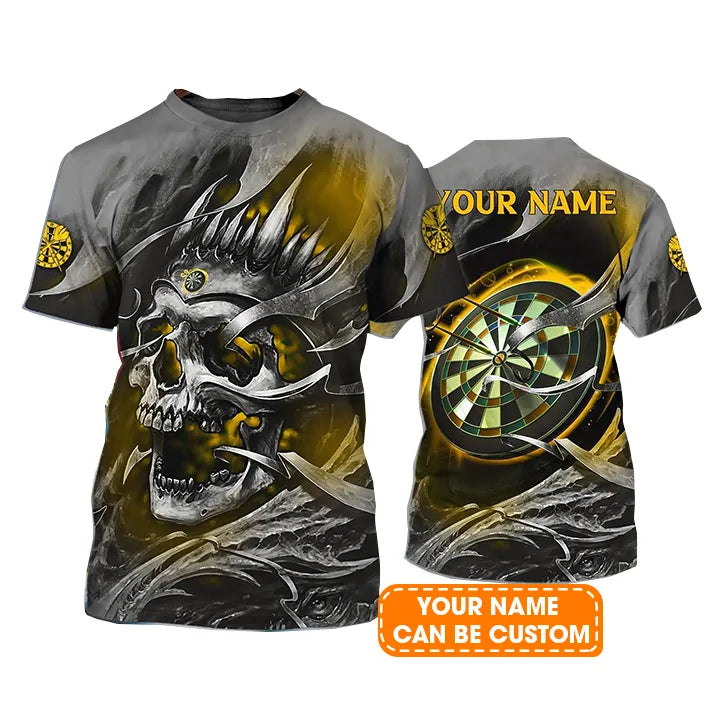 Customized Name Darts T Shirt, Gold Skull Light Dartboard Personalized T Shirt For Men - Gift For Darts Lovers, Darts Player