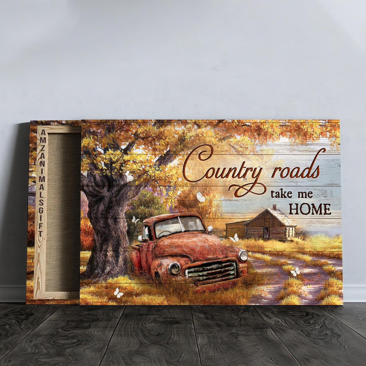 Family Premium Wrapped Landscape Canvas - Gorgeous Autumn Season, White Butterfly, Old Red Truck, Country Roads Take Me Home - Gift For Members Family