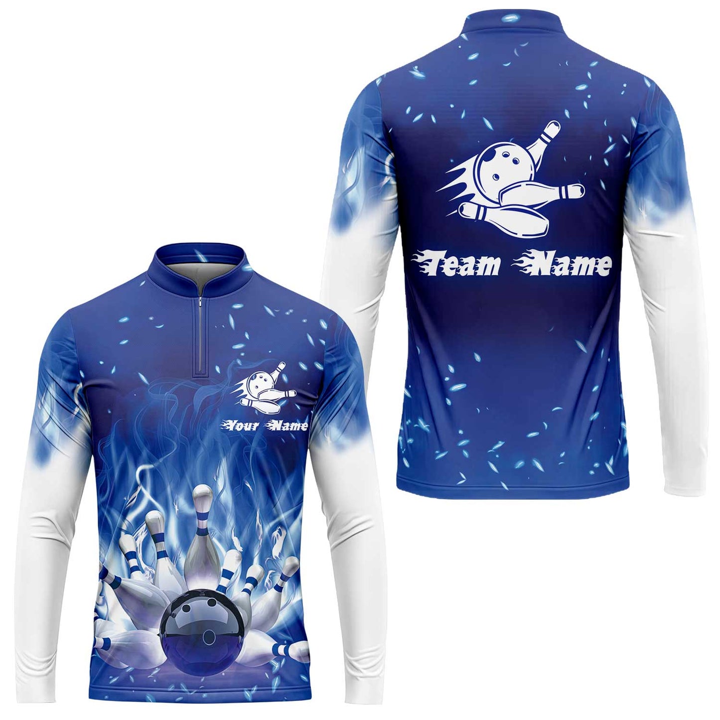 Bowling Men Polo Shirt Custom Name - Bowling On Blue Fire Personalized Bowling Polo Shirt