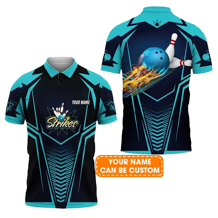 Bowling Custom Men Polo Shirt - Custom Name Bowling Strikes Blue Bowling Ball Crashing The Pins Personalized Bowling Polo Shirt - Perfect Gift For Friend, Family