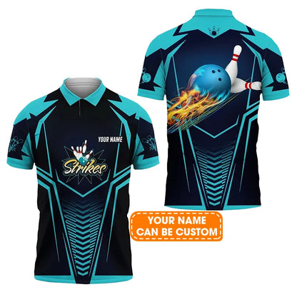 Bowling Custom Men Polo Shirt - Custom Name Bowling Strikes Blue Bowling Ball Crashing The Pins Personalized Bowling Polo Shirt - Perfect Gift For Friend, Family