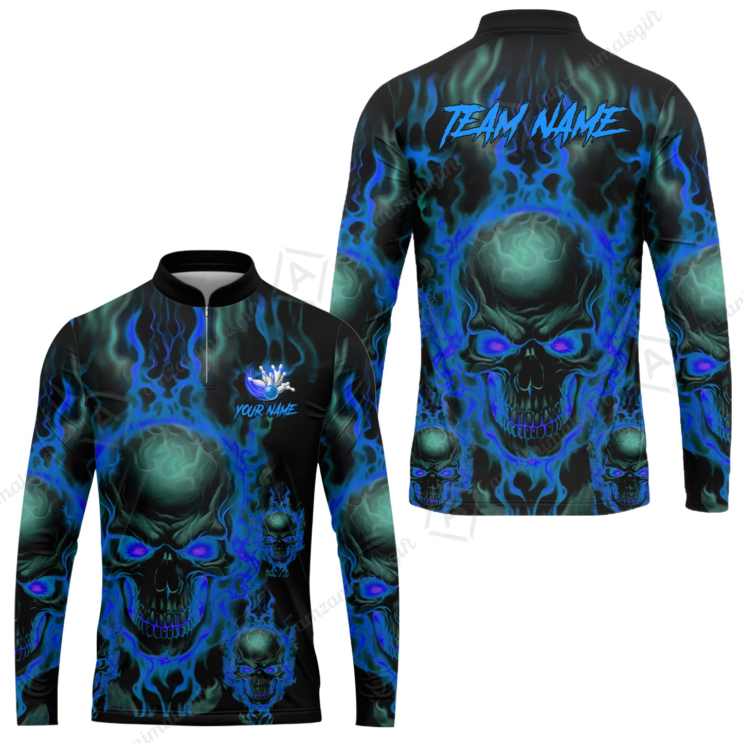 Bowling Customized Jersey Shirt Purple Flame Skull Bowling Tenpin Quarter Zip Shirt, Outfit For Bowlers, Bowling Team