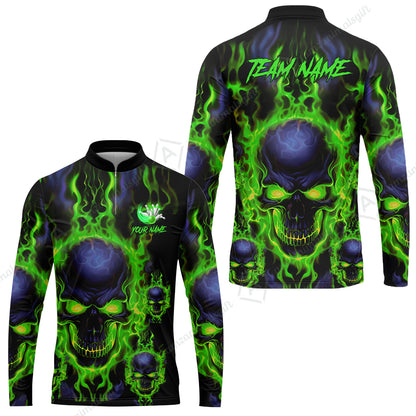 Bowling Customized Jersey Shirt Purple Flame Skull Bowling Tenpin Quarter Zip Shirt, Outfit For Bowlers, Bowling Team