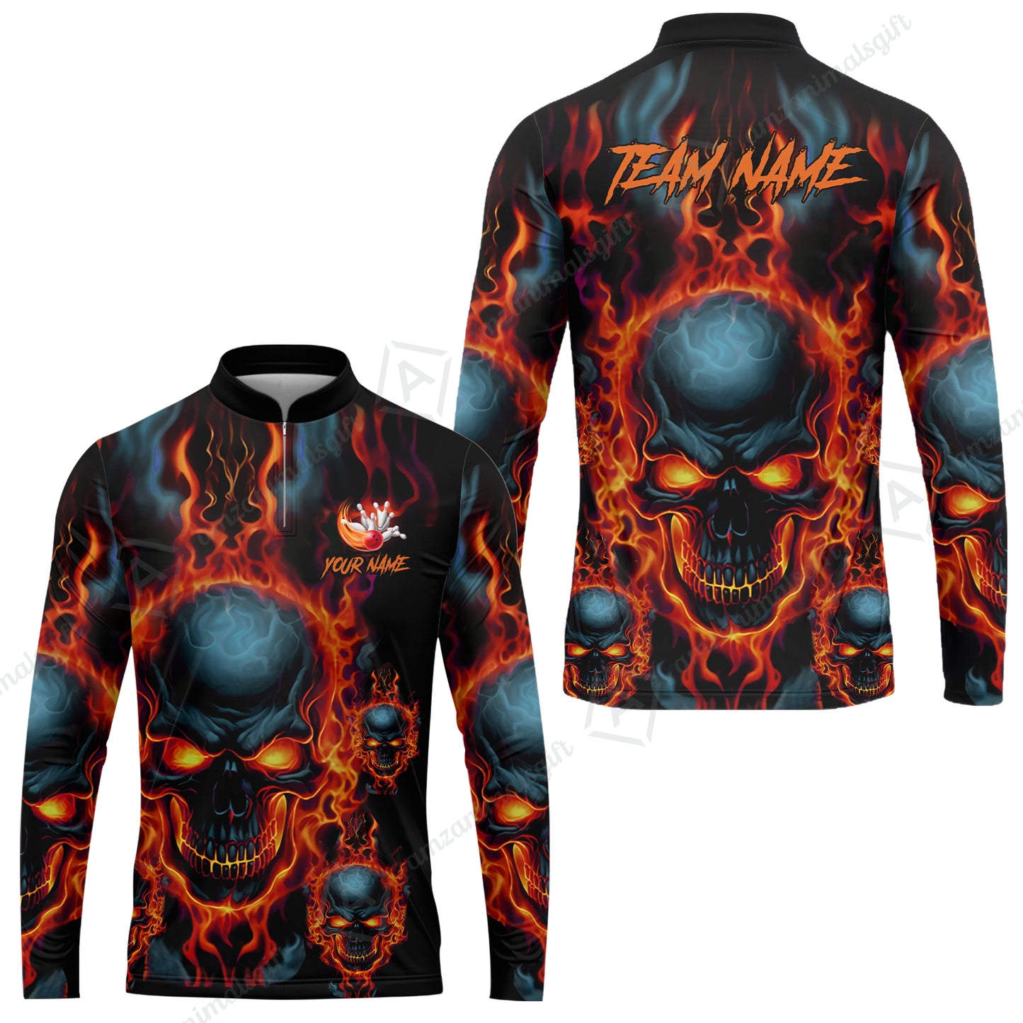 Bowling Customized Jersey Shirt Purple Flame Skull Bowling Tenpin Quarter Zip Shirt, Outfit For Bowlers, Bowling Team