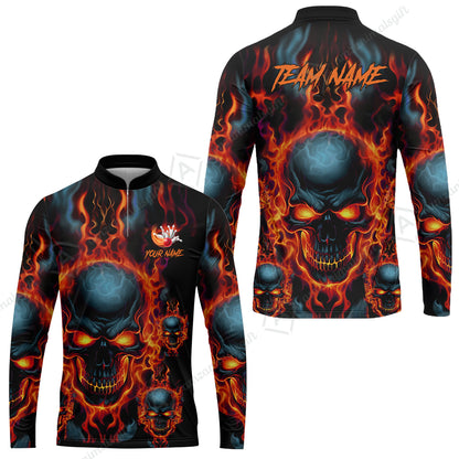 Bowling Customized Jersey Shirt Purple Flame Skull Bowling Tenpin Quarter Zip Shirt, Outfit For Bowlers, Bowling Team